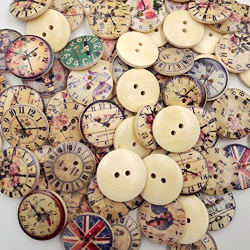 AKOAK 50 Piece Pack 20mm New Vintage Style Popular Bulk Mixed Craft Wooden Clock Buttons Two-Holes Round Wooden Buttons Sewing Accessories Decorative Buttons