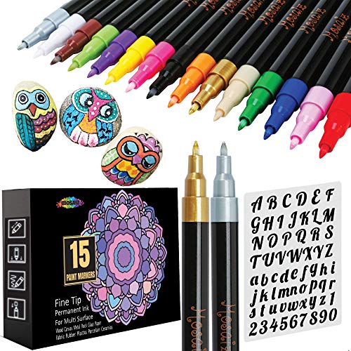 Mosaiz Acrylic Paint Pens for Rock Painting, 15 Colors including Gold and Silver Metallic Acrylic Paint Markers 0.7 mm Fine Point Pen for Glass, Wood Crafts, Metal, Ceramic Tile Paint, DIY Art Kit