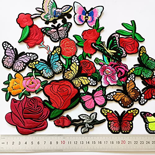 MISDONR 25pcs Rose Flowers Butterfly Embroidered Patches Iron On Patches Applique for Clothes Jackets Jeans Pants Backpacks