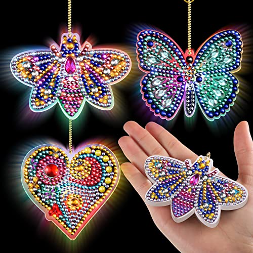 Epakh 3 Pcs LED Diamond Painting Keychains Light up 5D Diamond Painting Kits for Kids Adult Double Sided DIY Diamond Art