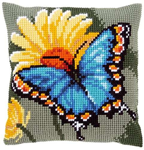 Vervaco Cross Stitch Kit: Cushion: Butterfly & Yellow Flower, Cotton, NA, 40 x 40cm