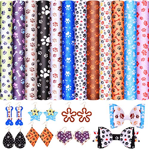 12 Pieces Paw Print Faux Leather Sheets Animal Footprint Faux Leather Puppy Cat Bone PU Printed Leather Sheets for Making Earrings, Hair Bows, DIY Crafts, 6.3 x 8.3 Inches, Assorted Colors
