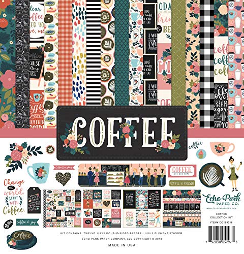 Echo Park Paper Company Coffee Collection Kit paper, 12-x-12-Inch, Pink/Green/Red/Navy/Blue/Teal/Black