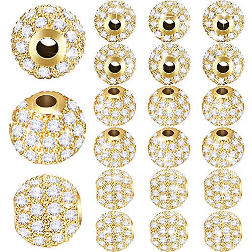 20 Pieces 8 mm Zirconia Cubic Beads, Round Rhinestone Bracelet Spacer Charms,Crystal Zirconia Stones, Ball Beads for Jewelry Making DIY (Gold)