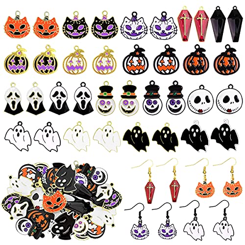 JOICEE 36pcs Halloween Charms Pendants，Gold&Black Plated Enamel Ghost Pumpkin Clown Cat Charms with 40pcs Earring Hook for Hallowen DIY Earring Jewelry Making