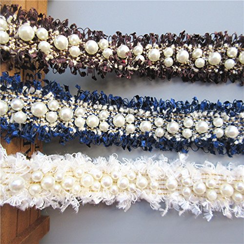 Yalulu 5 Yards Nylon Pearl Beaded Embroidered Lace Trim Ribbon Fabric Handmade DIY Costume Dress Sewing Supplies Craft (White)