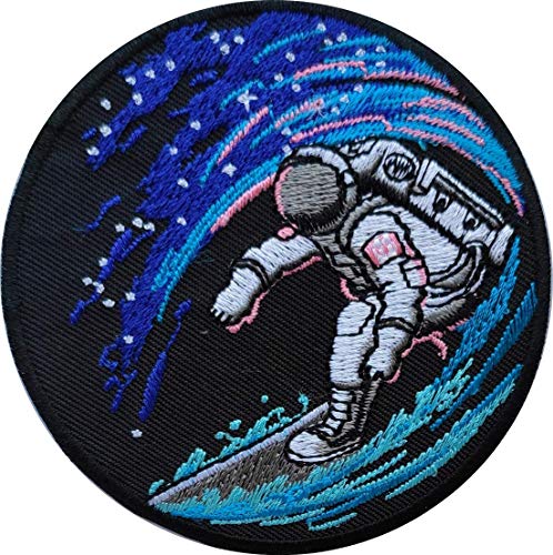 2 pcs Space Surfing Astronaut Patch - Cool Space Surfer Patches - Embroidered Iron On/Sew On for Backpack, Hat, Jacket, Hoodie