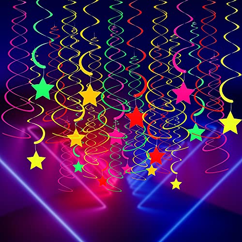 20 Pieces Neon Glow Party Supplies Set, Hanging Swirl Decorations, Neon Star Swirl Hanging Decorations for Neon Party Glow Party Ceiling Decorations