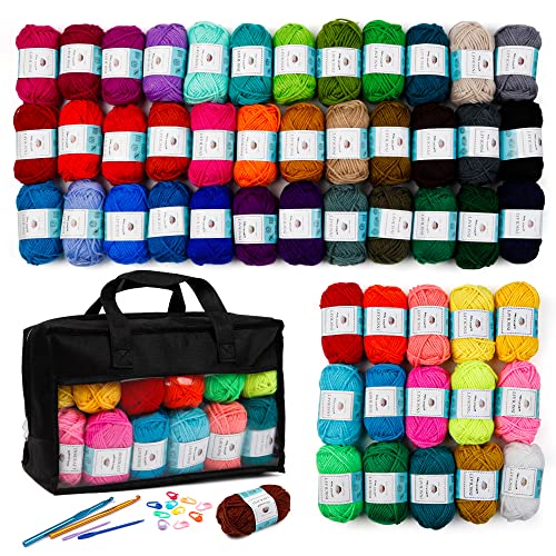 Inscraft 52 Acrylic Yarn Skeins, 1820 Yards 52 Colors Acrylic Yarn Skeins, 2 Crochet Hooks, 2 Weaving Needles, 10 Stitch Markers, 1 Bag, Yarn for Crocheting & Knitting, Gift for Beginners and Adults