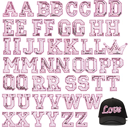 54 Pieces Letter Sequin Iron On Patches A-Z Alphabet Patches Iron On Appliques Love Design Sew On Patches Glitter Hotfix Patches for Bag Shoes DIY Craft Supplies (Pink)