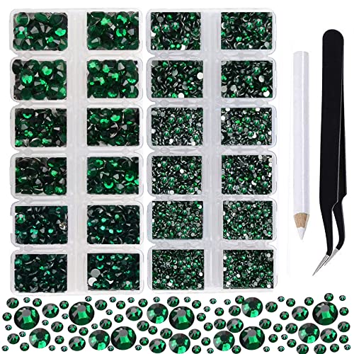 2-Box Massive Beads 8000pcs 6Sizes Nail Art Flatback Glasses Rhinestones Crystal for DIY Project with Tweezers and Picking Pen for Nail Art, Face Art, Manicure (Emerald, 6 Sizes)