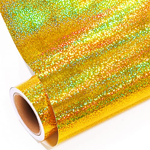 GIRAFVYINL Gold Holographic Glitter Vinyl 12” x 10FT Permanent Adhesive Vinyl Roll for DIY Decor,Crafting Vinyl for Cricut Machine & Silhouette Cameo (Gold Holographic Glitter)