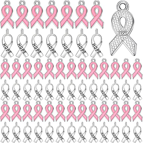 Yaomiao Breast Cancer Charms for jewelry making Awareness Ribbon Charms Pink and Silver Ribbon Charm Beads Hope Ribbon Pendant Charms for DIY Jewelry Craft Making Supplies (Pink 2, Silver)