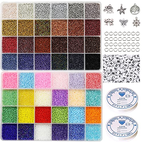 VOOMOLOVE 12/0 Glass Seed Beads About 31200pcs with 48 Colors in 24 Grid Box 2mm Small Seed Beads Kit with Letter Alphabet Beads, 2 Rolls Elastic String Cord, Charms and Jump Rings for Jewelry Making