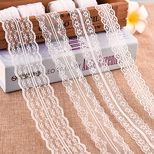 FEPITO 39.6 Yards White Lace Ribbon 12 Rolls Assorted Lace Trim Ribbon for Sewing and Bridal Wedding Scalloped Decorations