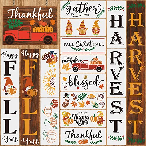 BORAMDO Fall Thanksgiving Stencils for Painting on Wood 15PCS, Reusable Harvest Holiday Porch Sign Stencils Drawing Template for DIY Craft, Including Gather/ Thankful/ Pumpkin/ Gnome/ Leaf……