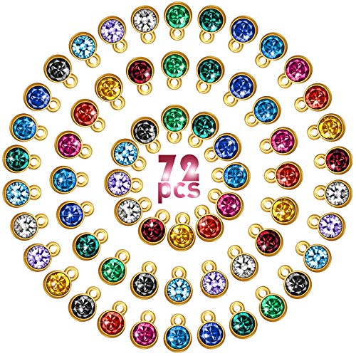 72 Pieces Crystal Birthstone Charms DIY Beads Pendant with Rings Handmade Round Crystal Charm for Jewelry Necklace Bracelet Earring Making Supplies, 7 mm, 12 Colors (Golden Base)
