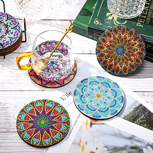 8 Pieces Diamond Painting Coasters with Holder DIY Mandala Coasters Diamond Painting Kits Diamond Art Coasters Kit Diamond Non Slip Coaster for Beginners Adults Kids Home Dining Decors Art Crafts