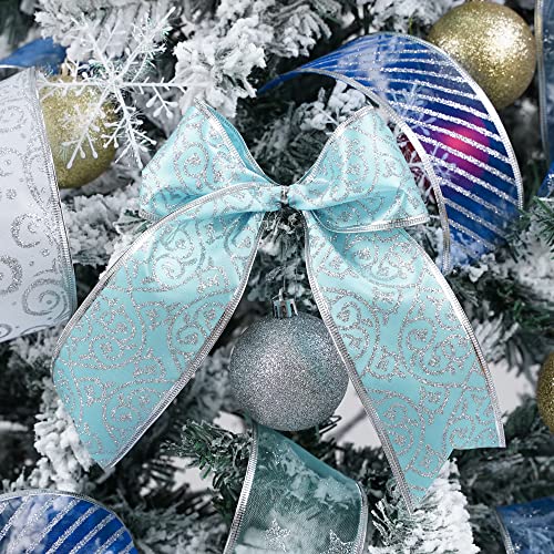 AIMUDI Blue and Silver Christmas Ribbon Wired 2.5" Ice Blue Christmas Tree Ribbon Garland 6 Rolls 36 Yards Turquoise Blue Ribbon for Christmas Tree Topper Bows, Crafts, Gift Wrapping, Wreaths