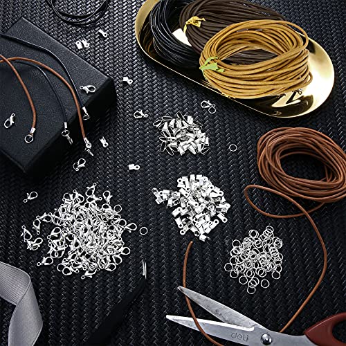 Leather Cord for Jewelry Making Kit, 24 Meters 2 mm Wide Leather Cord Leather Jewelry Rope and 250 Pieces Jewelry Findings Necklace Bracelets Craft Twine Accessories (Charming Colors)