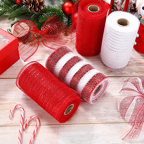 4 Rolls Mesh Ribbon, Metallic Foil Mesh Ribbon Metallic Mesh Ribbon for Door Wreath DIY Crafts Making Supplies (Red White,10 Inch)