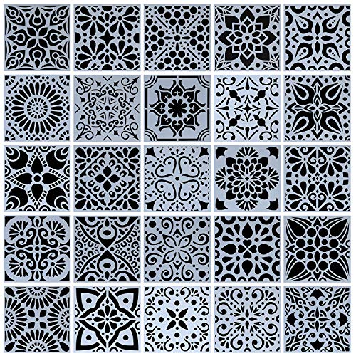 25-Pack (4x4 Inch) Painting Drawing Stencils Mandala Template for Stones Floor Wall Tile Fabric Wood Burning Art&Craft Supplies -reuseable