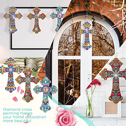 3 Pieces Cross Hanging Diamond Painting Kits DIY 5D Crystal Paint by Number Mandala Cross Shaped Rhinestones Pendant Acrylic Mosaic Wall Painting Kit for Adults Kids Home Decor Valentine's Day Gift