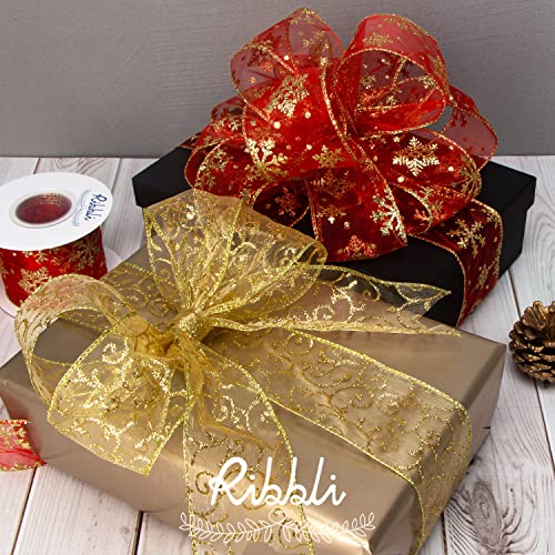 Ribbli Snowflake Glitter Wired Ribbon, Red Organza Sheer Ribbon with Gold Glitter Snowflake Pattern and Iridescent Metallic Edge,2-1/2 Inch x 10Yards Christmas Ribbon for Tree Decoration