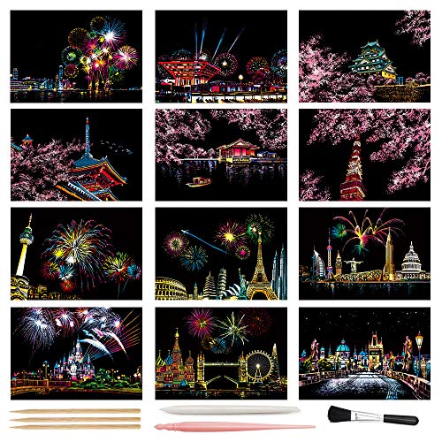 Scratch Art Paper, Rainbow Night View Scratchboard Pads for Adults and Kids, Mini Envelope Postcard Art & Crafts Set: 12 Sheets Scratch Cards & Scratch Drawing Pen, Brush 7.9"x5.5" (Fireworks Series)