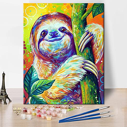 TISHIRON Paint by Numbers for Adults Beginner & Kids,DIY Oil Painting Kit on Canvas with Paintbrushes and Acrylic Pigment Arts Craft for Home Wall Decor- Cute Sloth - 16x20inch