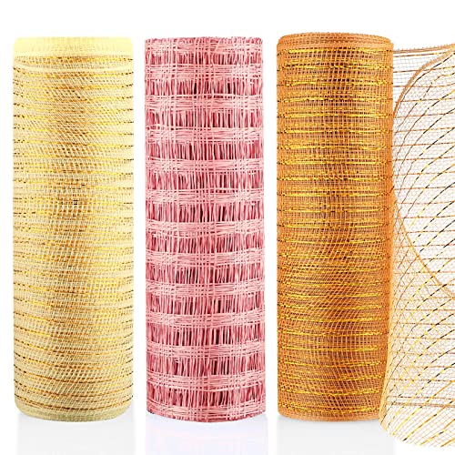 3 Pack Poly Decoration Burlap Mesh for Wreaths 10 Inch Wide Mesh Burlap Mesh Ribbon Supplies Mesh Ribbon Roll for Fall Christmas Halloween Farmhouse Wreaths DIY Crafts(Rose Gold, Linen, White)