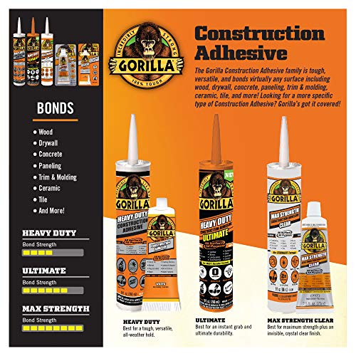 Gorilla Max Strength Clear Construction Adhesive, 2.5 Ounce Squeeze Tube, Clear, (Pack of 2)