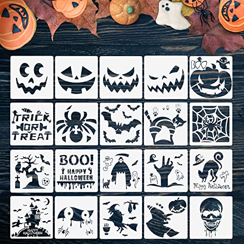 HAUTOCO 20pcs Halloween Stencils Reusable for Painting on Wood, 6x6 Inch Halloween Pumpkin Ghost Bats Pattern Drawing Templates for Crafts Painting Spraying, Cookies, Shirts, DIY Card, Wall and Floor