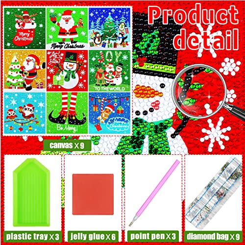 Charniol 9 Pcs Christmas 5D Diamond Painting Kits Santa Claus Snowman Round Drill Dots Craft Handmade Square Art for Decoration (Snowman, Style)