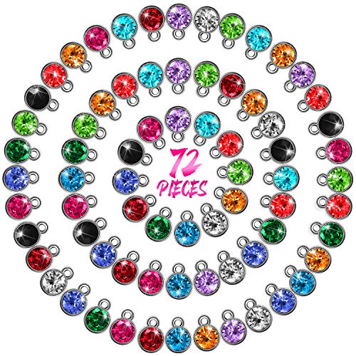 Hicarer 72 Pieces Crystal Birthstone Charms DIY Beads Pendant with Rings Handmade Round Crystal Charm for Jewelry Necklace Bracelet Earring Making Supplies, 7 mm (Dark Colors)