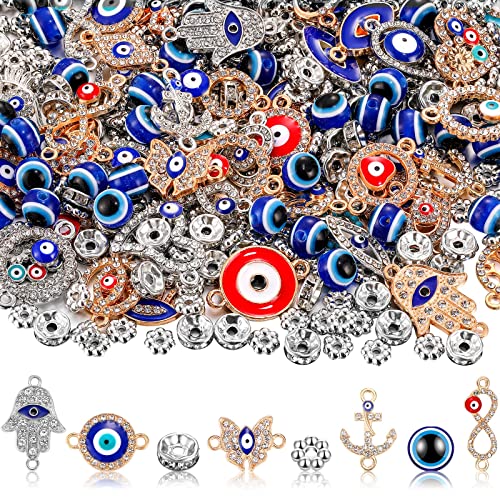 450 Pieces Evil Eye Beads Blue Evil Eye Charms Rondelle Spacer Beads Mix Alloy Enamel Evil Eye Charms Jewelry Connectors Silver Flower Beads for DIY Craft Bracelet Necklace Jewelry Making