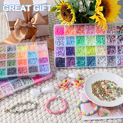 QUEFE 12000pcs Clay Beads Bracelet Making Kit, 80 Colors Flat Clay Heishi Beads Polymer Clay Beads with Letter Beads, Fruit Flower Clay Beads and Smiley Beads for Jewelry Bracelet Necklace Making