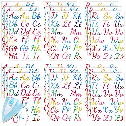 18 Sheet Iron on Letters Tie Dye Iron on Letters Flock Letters A-Z Letter Transfer Vinyl Letters Cursive Heat Transfer Letters for T Shirts Clothing Stockings Printing DIY Crafts Decorations