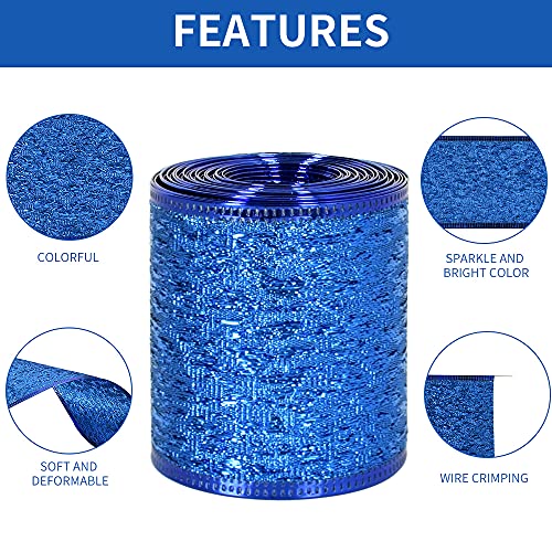 TONIFUL Christmas Ribbon Blue Wired Edged Ribbons Roll Sparking Metallic Glitter Ribbon 2-1/2 Inch Wide for Xmas Decorations Wreaths DIY Crafts Bows Making Tree Decoration Gifts Wrapping（6.5 Yards）
