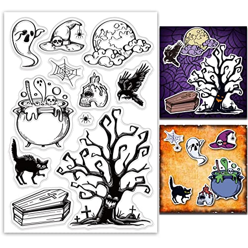 ORIGACH Halloween Clear Stamps Withered Tree Cat Creature Coffin Silicone Stamp for DIY Scrapbooking Album Decorative Card Making