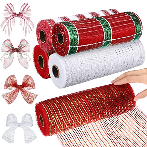 4 Rolls Christmas Poly Burlap Mesh 10 Inches, 40 Yards Metallic Deco Mesh Ribbon for Wreath Christmas Tree, Red White Wide Long Mesh Decorative for DIY Party Wrapping Craft (Classic Style)