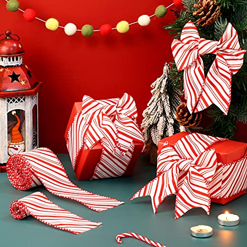 2 Rolls Christmas Peppermint Stripe Ribbon Red and White Wired Ribbon Christmas Candy Wrapping Ribbon Christmas Wide Fabric Ribbon for Christmas Wreath Bow Making DIY Craft Home Decoration