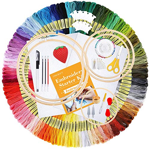 Inscraft 304 Pack Embroidery Kit, 200 Colors Threads, 5 Pcs Bamboo Embroidery Hoops, 2 Pcs Aida Cloth, Instructions, Bag and Cross Stitch Tools Set, Hand Embroidery Starter Kit for Beginners Adults