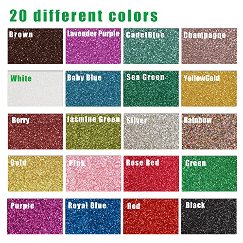 Glitter Vinyl HTV Heat Transfer Bundle, Iron on Vinyl Sheets for T Shirts with Green Pink Purple Black and Red 20 Pack 12x10 INCH, Sparkle Multi Colored Iron-on Vinyl for Cricut