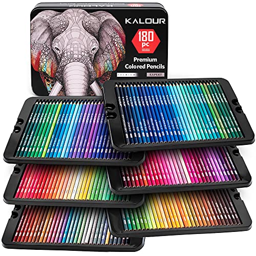 KALOUR 180 Colored Pencil Set for Adults Artists kids- 3.3mm Rich Pigment Soft Core -12 Metallic Pencil - Wax-Based - Ideal for Coloring Drawing Sketching Shading Blending - Vibrant Color（Tin Case）