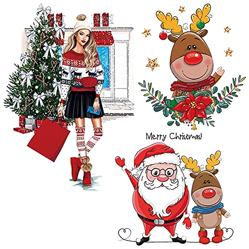 Christmas Heat Transfer Iron on Patches 3 Xmas Stickers Decals for Clothing Backpack Pillow DIY Decorations