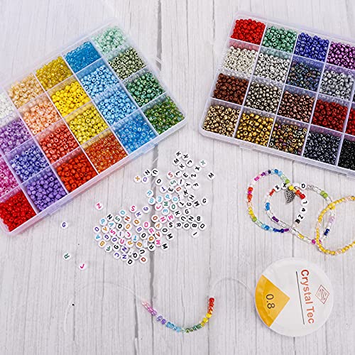 Quefe 8690pcs Glass Seed Beads 4mm 6/0 Bracelet Beads for Jewelry Making kit, Small Waist Craft Beads, 260pcs Alphabet Letter Beads with Elastic String Cords and Charms