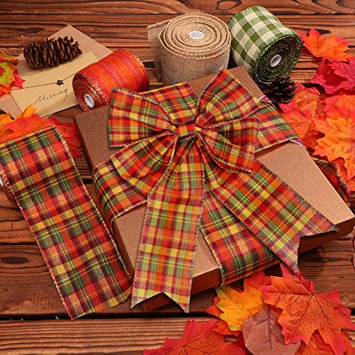 4 Rolls Thanksgiving Fall Wired Edge Ribbons Autumn Plaid Burlap Ribbons Wired Edge Ribbons for Wrapping, DIY Crafts, Floral Bows, Wreath, 24 Yards in Total, 4 Styles