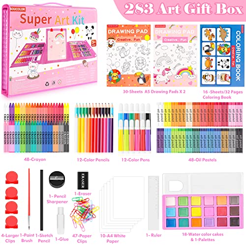 Soucolor Art Supplies, Drawing Set Art Kits with Trifold Easel, 2 Drawing Pad, 1 Coloring Book, Crayons, Pastels, Watercolors, Pencils, Arts and Crafts Gifts Case for Kids Girls Boys Teens Beginners