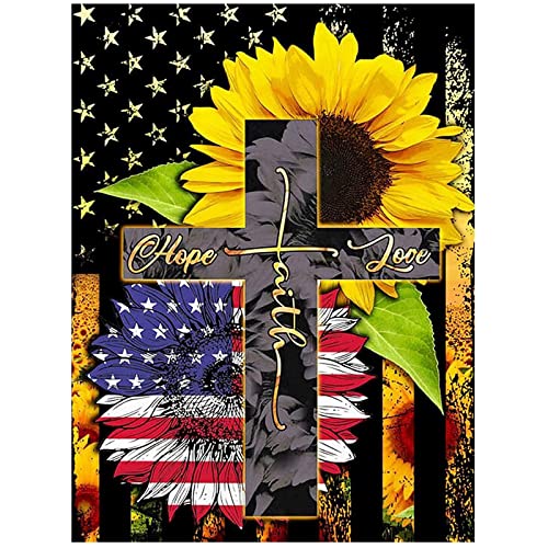 Maripabon 5D Sunflowers Diamond Painting Kits for Adults Full Drill National Flag Cross DIY Round Diamond Art Kits Flowers Picture Art for Home Wall Decor,11.8x15.7 inch